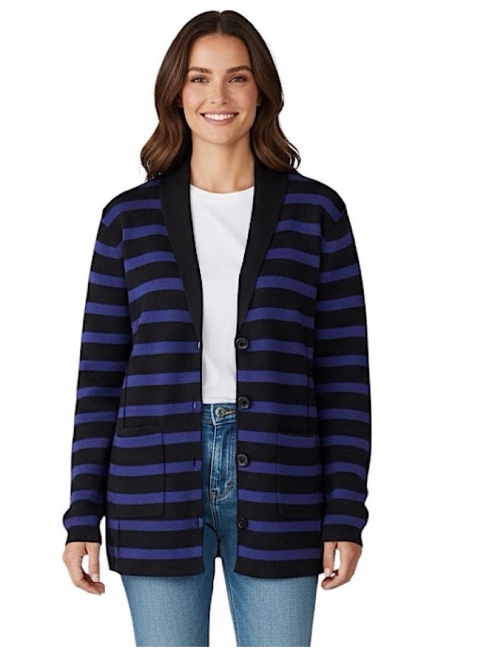 Audrey & Grace Knit Coat Jacket Women's Sz M Black Blue Stripe Career Office